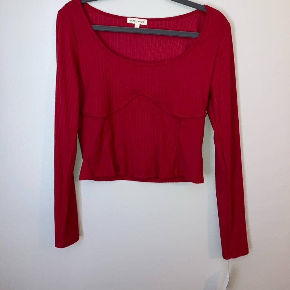Moa Moa Fitted Long Sleeve Crop Top Red NWT